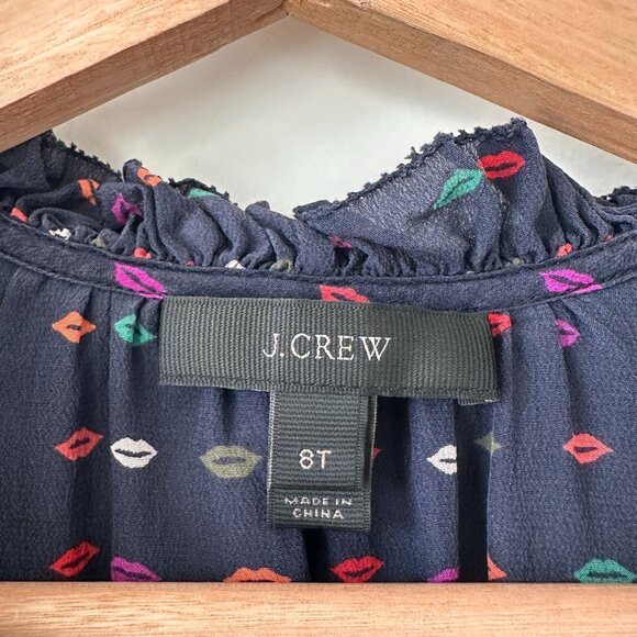 J.Crew Ruffle-Neck Silk Top in Lips Print size 8 Tall Navy Blue 100% Silk - Picture 6 of 12